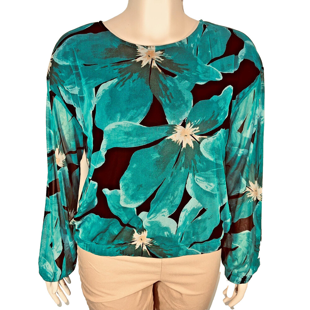 Jane Delancy Blouse Womens L Teal Abstract Floral Boxy Mesh 3/4 Bubble Sleeve